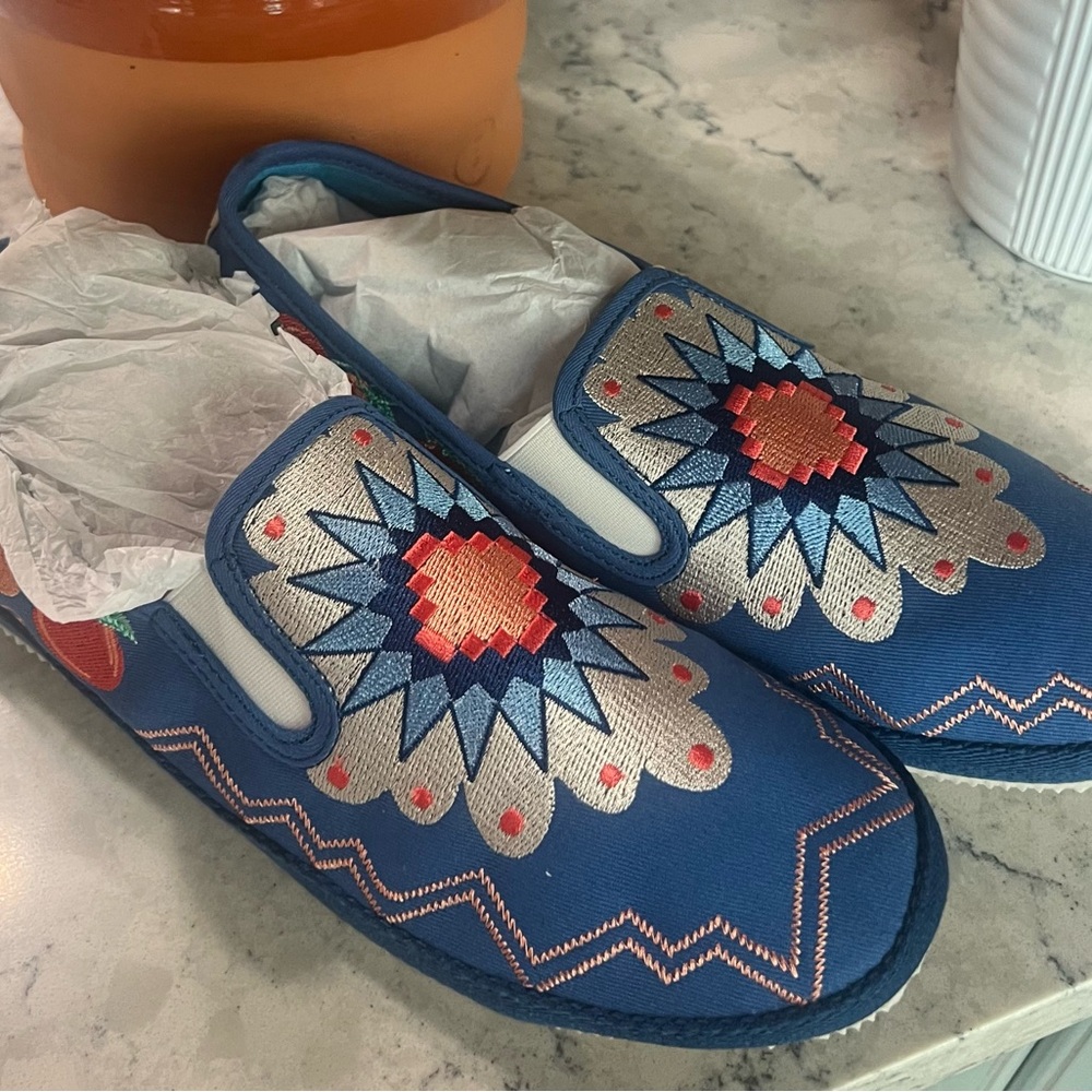 Navy Blue Bohemian Flats with Floral Design - Picture 2 of 14